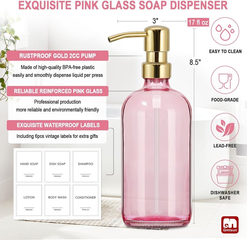 Gmisun Pink Soap Dispenser Bathroom, 2 Pack Kitchen Hand and Dish Soap Dispensers Set, 17 Fl Oz Pink Glass Soap Dispenser with Gold Pump, Refillable Modern Farmhouse Liquid Soap Pump Bottles - Image 3